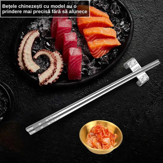 Set bete chinezesti traditionale, din otel inoxidabil, 2 mini moluri Incluse, 2 suporturi pentru bete, cu Imprimeuri, reutilizabile, anti-derapante, rezistente la spalare, pentru servirea mesei