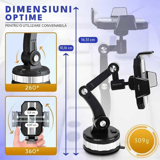 Suport auto pentru telefon, sistem de prindere a ventuzei reglabile, ajustare unghi suport si brat 360 la Grade, telescopic, reglabil si rotativ