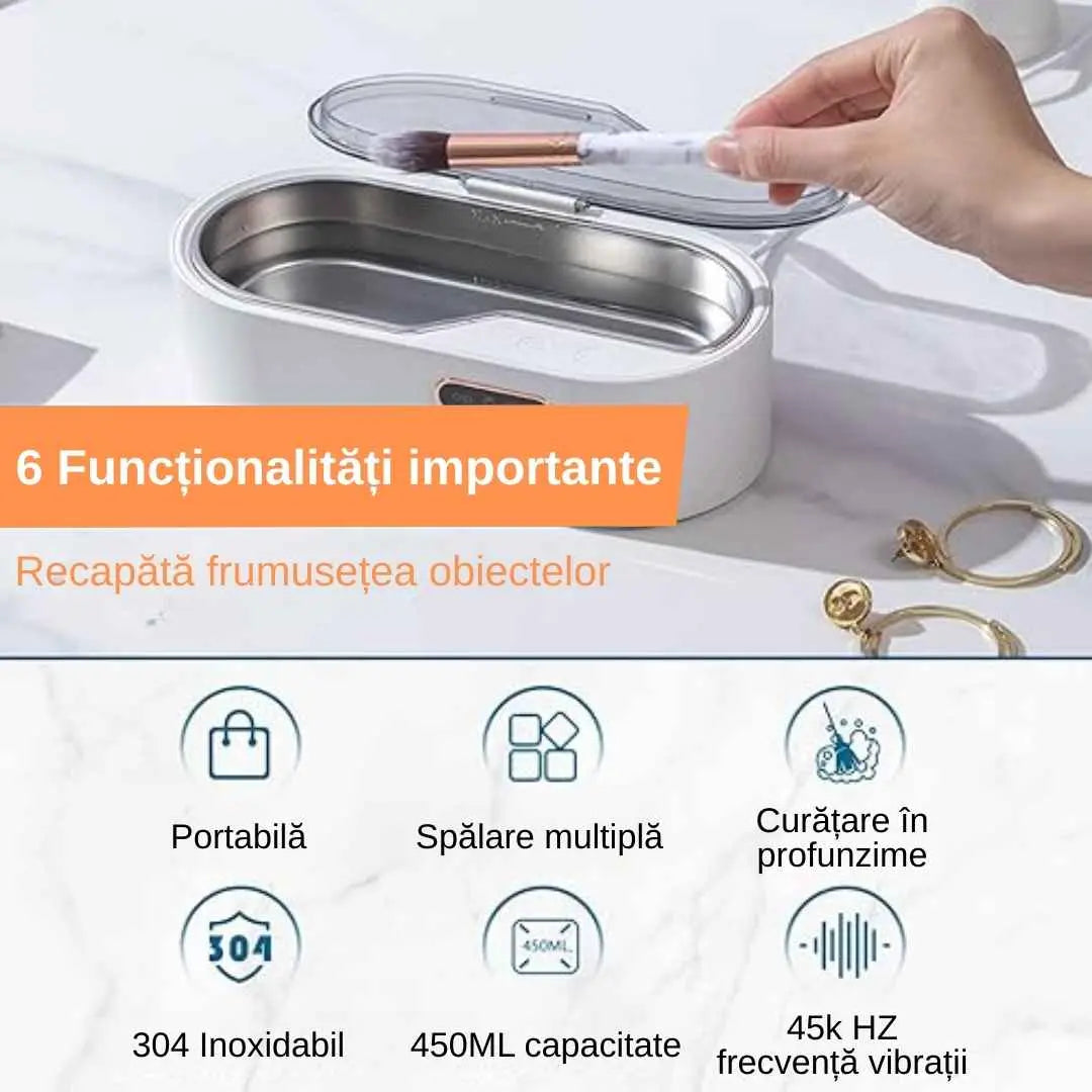 Aparat de curatare cu ultrasunete, inox, 45kHz, 4 moduri de curatare, sterilizare si dezinfectare, pentru cosmetice, bijuterii, ochelari, ceas, cercei, capacitate 450 ML, putere 24W