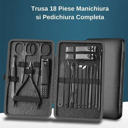 Trusa manichiura si pedichiura profesionala, material otel inoxidabil, 18 piese, unghiera, foarfeca, penseta, pila, instrumente cuticule, cu etui depozitare
