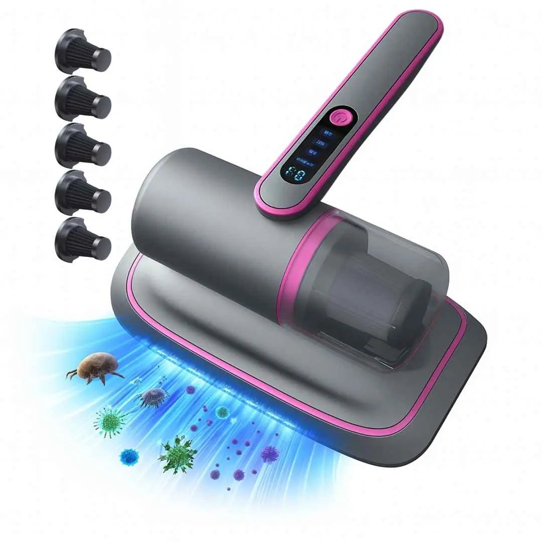 Aspirator portabil anti-acarieni , tehnologie UV, putere de aspirare 12000pa, filtru HEPA, fara sac si fara fir