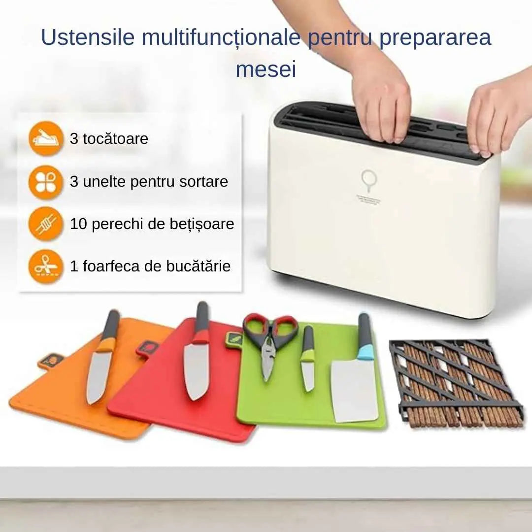 Set cutite profesionale plus aparat de sterilizat si depozitare, putere 50W, raze UV, sterilizare 99, 99%, uscare inteligenta, suport pentru cutite, 4 cutite si 1 foarfeca incluse, 3 tocatoare rezistente, 10 bete chinezesti