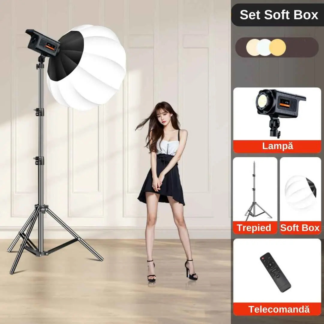Kit lumini studio, softbox si lampa LED, putere 100W, intentistate lumina 3200K-5500k, lumina Naturala/Rece/Calda, control de la distanta cu telecomanda, instalare rapida, suport cu trepied reglabil, inaltime 1.8m