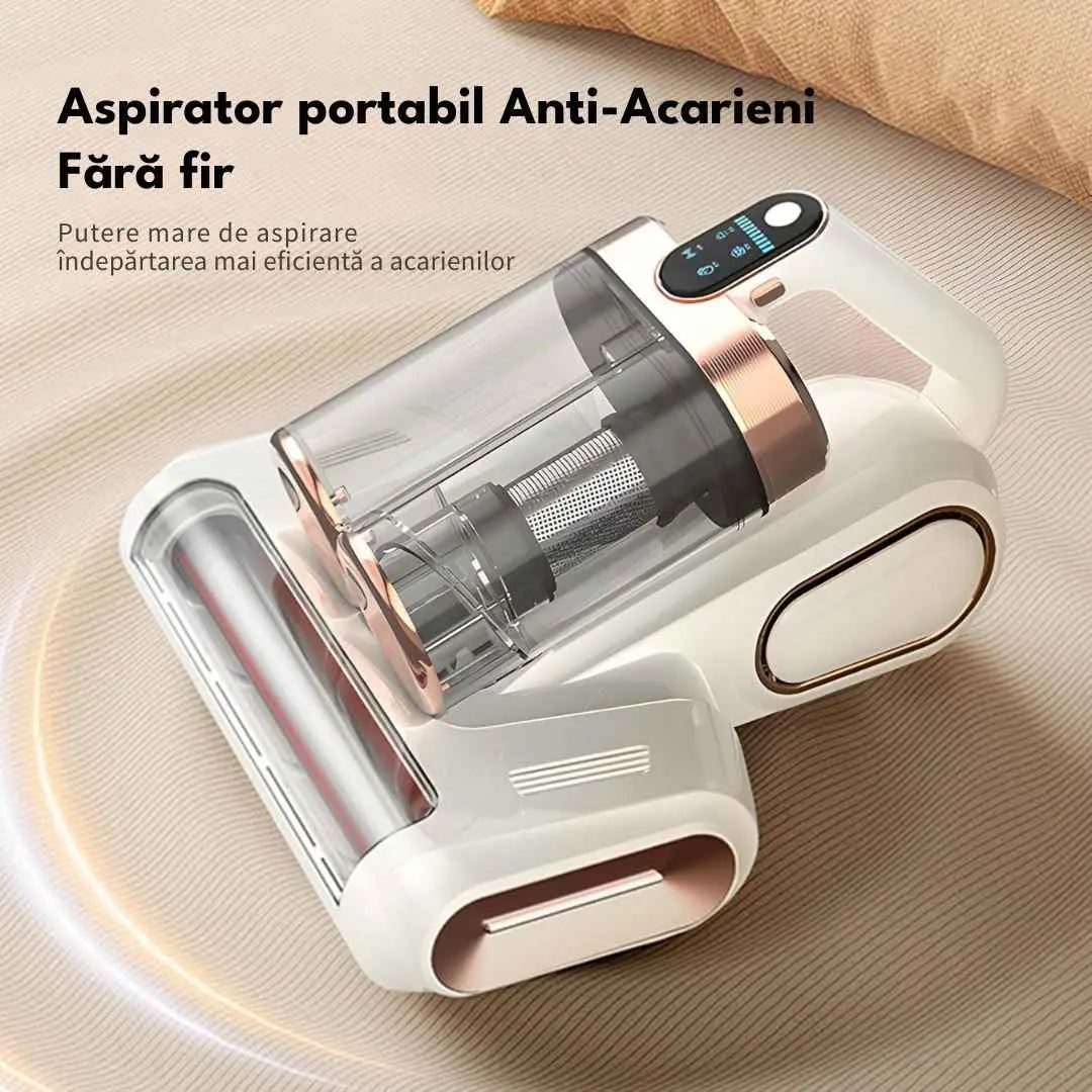 Aspirator anti-acarieni, fara fir, cu raze UV, filtru HEPA, functie ultrasunete, reincarcabil la USB, putere de aspirare 13000Pa, capacitate 500ml, 18000RPM, Alb