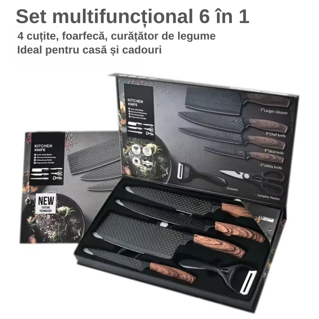 Set cutite bucatarie, din inox, 6 piese, 4 cutite de bucatarie, 1 foarfeca din oțel inoxidabil, 1 cutit din ceramica, de decojit, pentru fructe, legume, carne, cutie depozitare inclusa