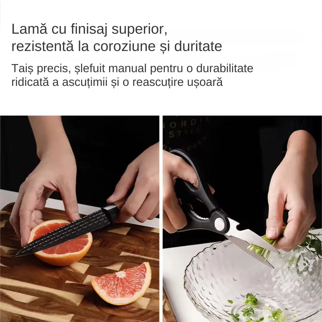 Set cutite bucatarie, din inox, 6 piese, 4 cutite de bucatarie, 1 foarfeca din oțel inoxidabil, 1 cutit din ceramica, de decojit, pentru fructe, legume, carne, cutie depozitare inclusa