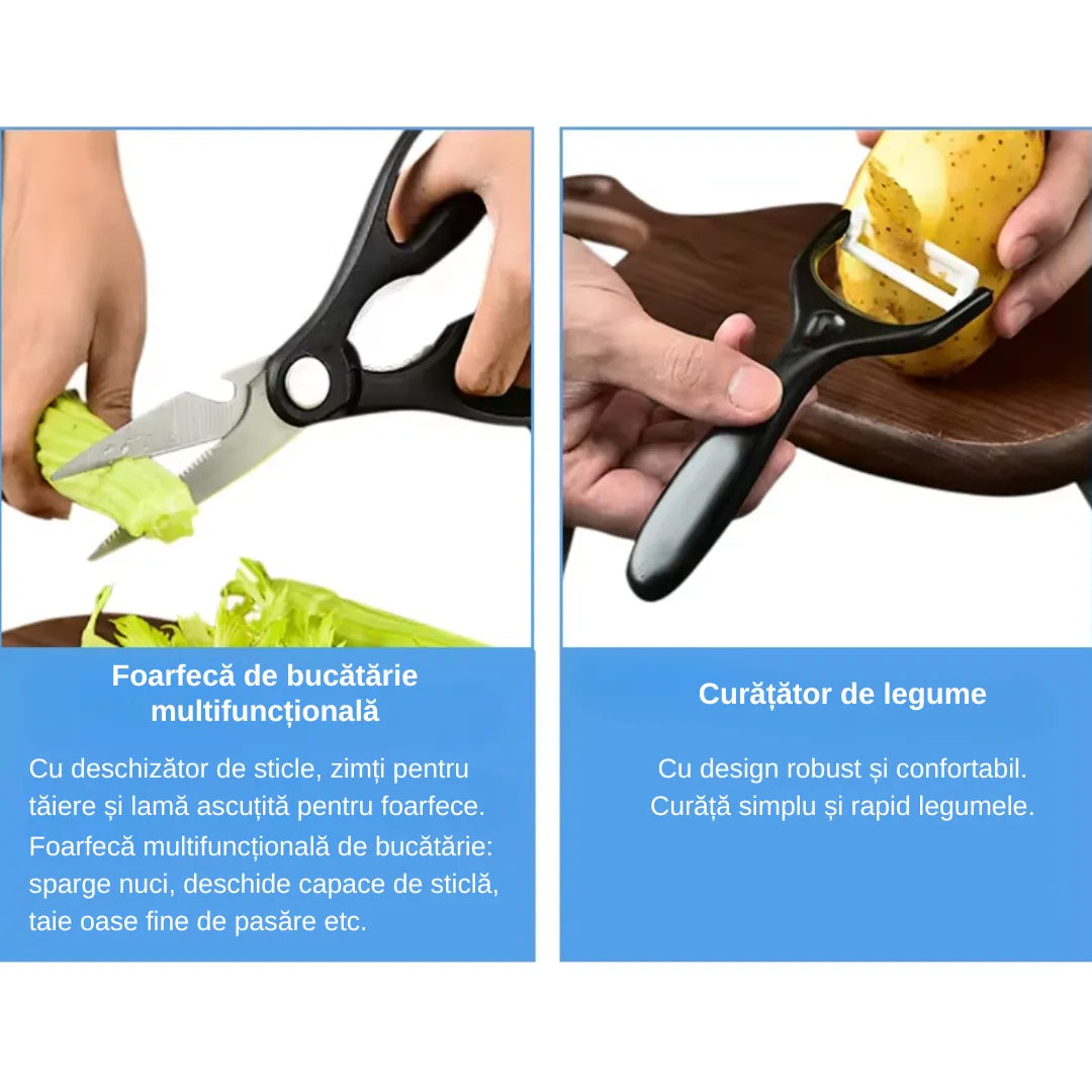 Set cutite bucatarie, din inox, 6 piese, 4 cutite de bucatarie, 1 foarfeca din oțel inoxidabil, 1 cutit din ceramica, de decojit, pentru fructe, legume, carne, cutie depozitare inclusa