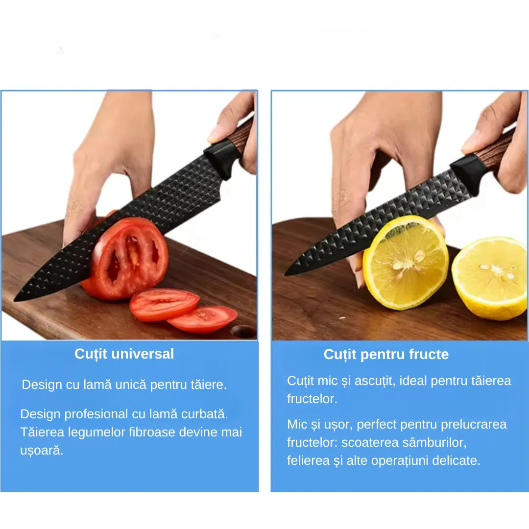 Set cutite bucatarie, din inox, 6 piese, 4 cutite de bucatarie, 1 foarfeca din oțel inoxidabil, 1 cutit din ceramica, de decojit, pentru fructe, legume, carne, cutie depozitare inclusa
