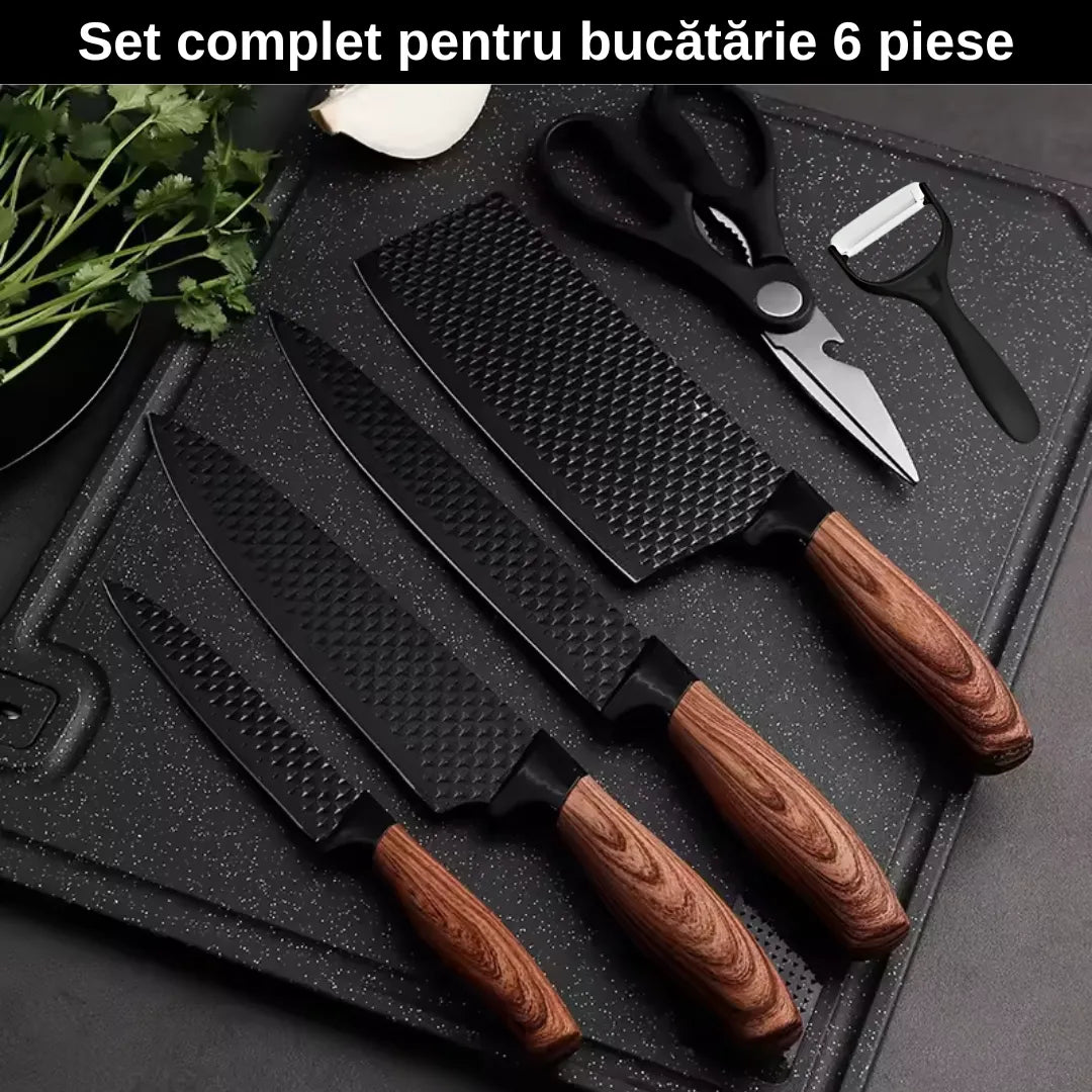 Set cutite bucatarie, din inox, 6 piese, 4 cutite de bucatarie, 1 foarfeca din oțel inoxidabil, 1 cutit din ceramica, de decojit, pentru fructe, legume, carne, cutie depozitare inclusa