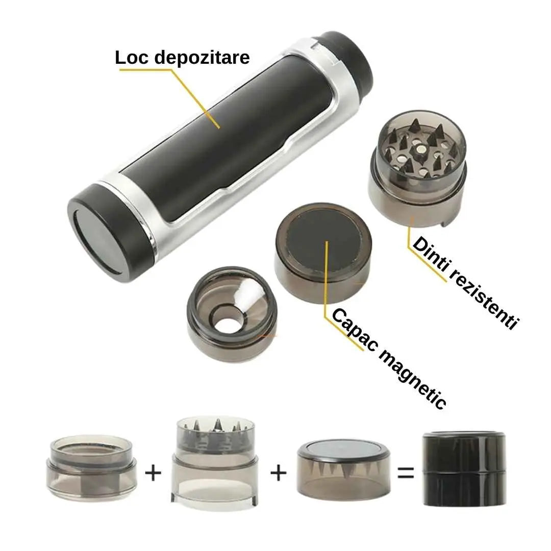 Rasnita Metalica Manuala, Tocator Portabil (pentru Tutun/Condimente)  Dispozitiv de Macinat Ierburi, Accesorii Inclus, Compact  Maruntitor din Metal, Ideal pentru Tigari Rulate