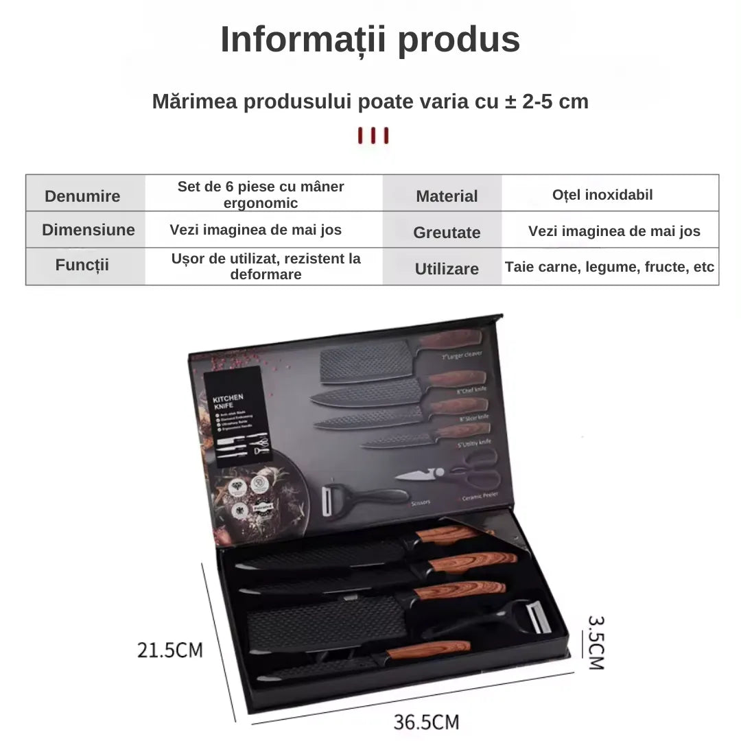 Set cutite bucatarie, din inox, 6 piese, 4 cutite de bucatarie, 1 foarfeca din oțel inoxidabil, 1 cutit din ceramica, de decojit, pentru fructe, legume, carne, cutie depozitare inclusa